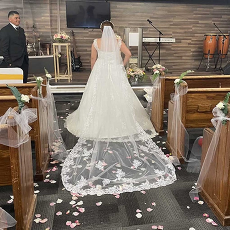 Yalice Catherdal Wedding Veils for Brides Long Bridal Veil 1 Tier Veils Floral Lace Soft Tulle Veils with Comb 118'' (White) - Image 5